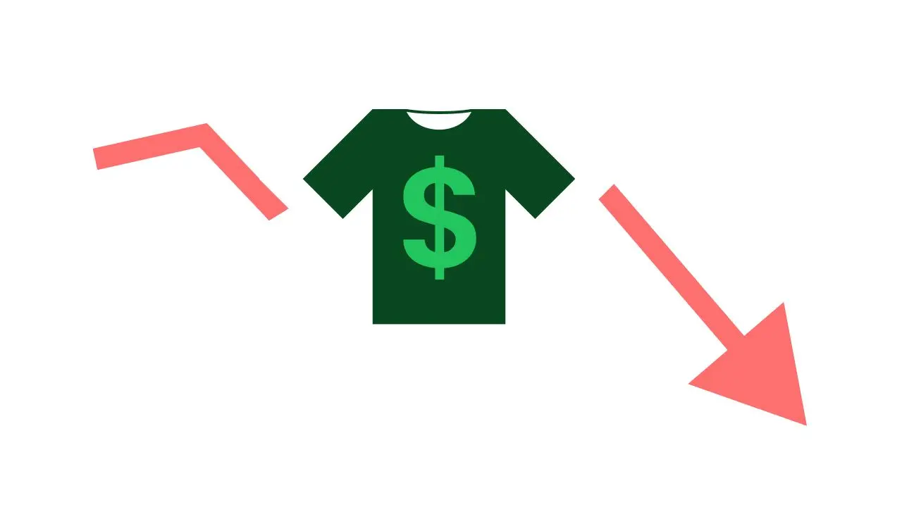 low cost of entry with shirt and declining graph to represent price